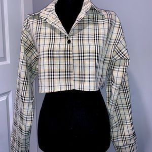Lemongrass- Dip Back Plaid Crop Shirt